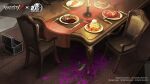  box candle carpet chain chair checkered checkered_floor commentary_request copyright_name crossover dangan_ronpa_(series) food fork highres identity_v indoors knife meat no_humans official_art open_box pink_blood plate scenery skull table tile_floor tiles wooden_chair wooden_table 
