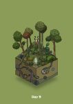  animal antlers bird bush commentary_request deer diorama fallen_tree gozz green_background highres isometric original tree 