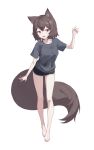  1girl absurdres animal_ear_fluff animal_ears arm_at_side bare_legs barefoot black_shorts brown_hair crossed_bangs dolphin_shorts ellu full_body grey_shirt hand_up highres looking_at_viewer open_mouth original red_eyes shirt short_hair short_shorts shorts simple_background solo tail white_background 