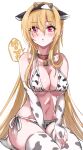  1girl :o absurdres animal_ears animal_print bangs bare_shoulders bell bell_collar bikini blonde_hair blush bridal_gauntlets chinese_zodiac collar commentary_request cow_ears cow_horns cow_print eyebrows_visible_through_hair fake_animal_ears fake_horns hair_between_eyes hairband highres horns idolmaster idolmaster_cinderella_girls kurosaki_chitose long_hair looking_at_viewer navel no_shoes parted_lips pizzasi print_bikini print_legwear red_collar red_eyes seiza side-tie_bikini simple_background sitting soles solo speech_bubble swimsuit thigh-highs very_long_hair white_background white_bikini white_legwear year_of_the_ox 