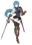  1girl absurdres alternate_costume bangs blue_eyes blue_hair boots breasts brown_footwear brown_gloves ebinku eirika_(fire_emblem) english_commentary fingerless_gloves fire_emblem fire_emblem:_the_sacred_stones floating_hair gloves hair_between_eyes highres holding holding_sword holding_weapon knee_boots long_hair looking_at_viewer open_hand single_pauldron skirt small_breasts smile solo sword weapon white_background white_skirt 