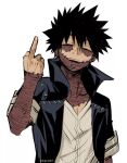  1boy black_hair black_jacket boku_no_hero_academia burn_scar dabi_(boku_no_hero_academia) hand_up jacket kadeart looking_at_viewer male_focus messy_hair middle_finger open_clothes open_mouth piercing scar shirt short_sleeves simple_background smile solo spiky_hair stitches teeth upper_body upper_teeth white_background 