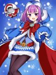  1girl ankh badge bangs beanie blue_coat blue_dress blue_gloves blue_headwear blush bow breasts coat colonel_olcott_(fate/grand_order) dress fate/grand_order fate/grand_order_arcade fate_(series) fur-trimmed_coat fur-trimmed_dress fur_trim gloves hat helena_blavatsky_(christmas)_(fate) helena_blavatsky_(fate/grand_order) large_bow long_sleeves looking_at_viewer open_mouth outstretched_arm pantyhose purple_hair rabiiandrain red_bow sack short_hair small_breasts smile snowflakes thighs violet_eyes 