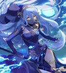  1girl aisutabetao axe azura_(fire_emblem) black_dress blue_hair blue_theme bow clouds commentary_request dress fingerless_gloves fire_emblem fire_emblem_fates fire_emblem_heroes gloves hair_between_eyes highres holding holding_axe jewelry long_hair necklace parted_lips sky solo veil yellow_eyes 