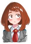  1girl bangs blush boku_no_hero_academia breasts brown_eyes brown_hair collared_shirt commentary_request cropped_shoulders face frown grey_background grey_jacket head_tilt highres jacket necktie red_neckwear school_uniform shirt short_hair sideways_glance simple_background solo tena_(tena_0711) u.a._school_uniform uraraka_ochako white_shirt 