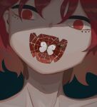  1other :d absurdres avogado6 black_background bug fangs hair_between_eyes head_tilt highres insect looking_at_viewer mole mole_under_eye moth open_mouth original red_eyes redhead short_hair silk simple_background skin_fangs smile solo spider spider_web 