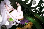  1boy ashiya_douman_(fate) asymmetrical_clothes asymmetrical_hair bell black_eyes black_hair close-up curly_hair earrings evil_smile face fate/grand_order fate_(series) green_eyes green_eyeshadow green_kimono green_lipstick hair_bell hair_between_eyes hair_intakes hair_ornament highres japanese_clothes jewelry kimono lipstick long_hair magatama magatama_earrings makeup male_focus multicolored_hair open_clothes open_kimono ribbed_sleeves smile solo toned toned_male two-tone_hair upper_body very_long_hair white_hair yotsuyama_(yomo8ama) 