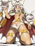  1girl ass_visible_through_thighs barefoot beltbra breasts cape clover commission creature dark_skin dark-skinned_female floating_swords four-leaf_clover guilty_gear guilty_gear_xrd highres huge_weapon kneeling looking_at_viewer medium_breasts orange_eyes platinum_blonde_hair ramlethal_valentine short_hair short_shorts shorts skeb_commission solo_focus sword thigh_strap under_boob weapon ysk! 