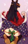  1girl alternate_costume ass black_hair bow butt_crack cape cape_lift fake_antlers feguimel fire_emblem fire_emblem_awakening fire_emblem_heroes from_behind fur_trim high_heels highres long_hair official_alternate_costume red_cape smile solo star_(symbol) star_print tharja_(fire_emblem) thigh-highs thong tiara 