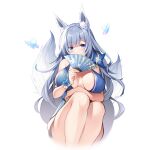  1girl animal_ear_fluff animal_ears azur_lane bangs bare_shoulders blue_butterfly blue_dress blunt_bangs breasts breasts_apart bug butterfly dress eyebrows_visible_through_hair fox_ears hair_ornament halter_dress insect large_breasts large_tail long_hair looking_at_viewer multiple_tails nekomu shinano_(azur_lane) shinano_(light_of_the_hazy_moon)_(azur_lane) solo tail very_long_hair white_background white_tail 