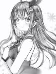  1girl blush closed_mouth floating_hair from_side greyscale hair_flaps hair_ornament hands_up highres hololive long_hair looking_at_viewer looking_to_the_side monochrome nanashi_(nlo) smile solo star_(symbol) star_hair_ornament tokino_sora upper_body 