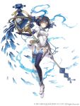  1girl alice_(sinoalice) breasts dark_blue_hair dress full_body hairband highres holding holding_staff ji_no looking_at_viewer medium_breasts official_art pocket_watch red_eyes short_hair single_thighhigh sinoalice solo square_enix staff tattoo thigh-highs watch white_background white_dress 