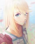  1girl bangs blonde_hair blue_eyes blush closed_mouth gloves hand_on_shoulder kazuko_(towa) long_hair looking_at_viewer mithos_yggdrasill portrait pov red_gloves smile swept_bangs tales_of_(series) tales_of_symphonia 