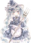  1girl apron aqua_hair black_dress black_sleeves blue_eyes detached_sleeves dress fork green_nails hat hatsune_miku highres holding holding_fork long_hair marker_(medium) oversized_object paruno ribbon smile solo thigh-highs traditional_media twintails vocaloid white_apron white_background witch_hat yellow_ribbon 
