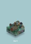  blue_background boulder commentary_request crab diorama fish flotsam gozz highres holding_shell isometric original plant rock shell standing wood 