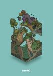  absurdres aqua_background boulder commentary creature diorama falling gozz highres horns isometric leaf monster open_mouth original river tree violet_eyes 