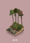  animal axe boulder bush chopping commentary_request diorama gozz highres holding holding_axe isometric log original pink_background river tree 
