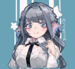  1girl aqua_background arknights astesia_(arknights) black_neckwear blue_eyes character_name closed_mouth grey_hair highres long_hair see-through smile solo star_(symbol) tongue tongue_out upper_body zygocactus 