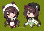  1girl :3 alternate_costume artist_name black_choker black_headwear braid chibi choker commentary fangs flower green_background hair_flower hair_ornament hat hemmmlock heterochromia highres inui_toko nijisanji open_mouth red_eyes red_flower twin_braids twintails virtual_youtuber yellow_eyes 