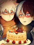  2boys annoyed bakugou_katsuki birthday_cake blonde_hair blue_eyes boku_no_hero_academia burn_scar cake candle commentary english_text food frown fruit grey_eyes happy_birthday heterochromia highres holding male_focus multicolored_hair multiple_boys open_mouth red_eyes redhead scar scarf short_hair sparkle spiky_hair strawberry todoroki_shouto two-tone_hair upper_body white_hair yaketchup 