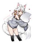  1girl :3 animal_ear_fluff animal_ears artist_name bell bell_choker choker commentary english_commentary fox_ears fox_girl fox_tail hair_bell hair_ornament heart hemmmlock kamiko_kana leaning_forward long_hair off_shoulder sleeves_past_fingers sleeves_past_wrists smile solo striped striped_sweater sweater tail tail_hug thigh-highs tsunderia virtual_youtuber white_background white_hair yellow_eyes 