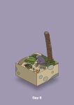  beach bitten commentary_request diorama firemaking food fruit gozz highres holding holding_stick isometric leaf leaning_forward original palm_leaf purple_background shell sitting stick sweat tree wood 
