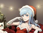  1girl blue_eyes blue_hair blush breasts cat christmas christmas_tree closed_mouth dress embarrassed fur-trimmed_dress fur-trimmed_headwear fur_trim gloves gogalking hand_up hat long_hair looking_at_viewer original reclining red_dress red_headwear santa_costume santa_hat small_breasts solo strapless strapless_dress thigh-highs white_gloves white_legwear 
