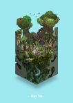  blue_background building commentary_request diorama fish gozz highres isometric olmec_head original overgrown partially_underwater_shot ruins stairs statue tree 