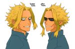  1boy all_might bangs black_sclera blonde_hair blue_eyes boku_no_hero_academia english_text face from_side green_shirt grin looking_at_viewer looking_to_the_side male_focus multiple_views parted_bangs portrait shirt short_hair simple_background smile teeth trevo_(trevoshere) white_background 