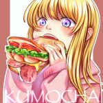  1girl bangs blonde_hair blue_eyes cheese food highres kumocha_desu lettuce long_hair long_sleeves meat open_mouth original outline pink_sweater sandwich solo sweater upper_body white_outline 