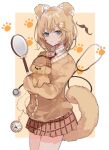  1girl animal animal_ears bangs blonde_hair blue_eyes breasts brown_cardigan bubba_(watson_amelia) cardigan chiemo_(xcem) closed_mouth collared_shirt commentary cowboy_shot deerstalker dog dog_ears dog_girl dog_tail hair_ornament hat holding holding_animal holding_dog hololive hololive_english long_sleeves looking_at_viewer magnifying_glass miniskirt monocle_hair_ornament mustache_print open_mouth paw_print_background plaid plaid_skirt pleated_skirt pocket_watch red_neckwear shirt skirt smile tail virtual_youtuber watch watson_amelia white_shirt 