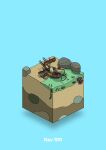  aqua_background beach bird boat boulder commentary_request diorama fish gozz hermit_crab highres isometric original paddle watercraft 