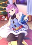  1girl absurdres bangs bare_shoulders black_legwear blue_coat blue_dress blush bow breasts christmas christmas_tree closed_mouth coat colonel_olcott_(fate/grand_order) dress fate/grand_order fate/grand_order_arcade fate_(series) fur-trimmed_coat fur-trimmed_dress fur_trim hair_bow helena_blavatsky_(christmas)_(fate) helena_blavatsky_(fate/grand_order) highres kano_(kotailo) kneeling long_sleeves looking_at_viewer open_clothes open_coat pantyhose purple_hair short_hair small_breasts smile violet_eyes 