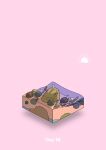  beach commentary_request diorama fish from_behind gozz highres isometric log original pink_background rock shadow standing water 