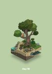  absurdres beach boulder bush commentary_request diorama gozz green_background highres holding holding_rope in_tree isometric original palm_leaf pulling rope stick tree wood 