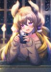  1girl :d bangs bare_shoulders blonde_hair blurry blurry_background blush brown_sweater candle collarbone commentary_request cup curled_horns depth_of_field eyebrows_visible_through_hair fangs fire hair_between_eyes hands_up head_tilt holding holding_cup horns indoors ittokyu long_hair long_sleeves looking_at_viewer low_twintails mug off-shoulder_sweater off_shoulder open_mouth original puffy_long_sleeves puffy_sleeves signature sleeves_past_wrists smile solo steam sweater twintails upper_body very_long_hair violet_eyes window 