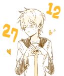  1boy 1p_ino anniversary arm_warmers black_sleeves blonde_hair closed_eyes collared_shirt commentary dated embarrassed facing_away heart heart_hands kagamine_len male_focus necktie sailor_collar shirt short_ponytail short_sleeves sketch solo sweat upper_body v-shaped_eyebrows vocaloid white_background yellow_neckwear 
