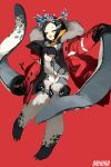  1girl artist_name black_hair boots breasts fish_hair_ornament hair_ornament hairclip highres jacket long_hair open_mouth original orihira penguin_girl red_background red_jacket simple_background small_breasts smile solo symbol-shaped_pupils thigh-highs thigh_boots yellow_eyes 
