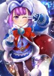  1girl ankh badge bangs beanie black_legwear blue_coat blue_dress blue_footwear blue_gloves blue_headwear boots bow breasts closed_mouth coat dress fate/grand_order fate/grand_order_arcade fate_(series) fur-trimmed_coat fur-trimmed_dress fur_trim gloves hat helena_blavatsky_(christmas)_(fate) helena_blavatsky_(fate/grand_order) highres kuro_yanagi large_bow long_sleeves looking_at_viewer one_eye_closed pantyhose purple_hair red_bow sack short_hair small_breasts smile snowing v violet_eyes 