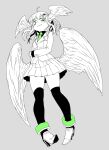  1girl absurdres ahoge angel angel_wings aoi_hada_no_ten&#039;in_to_shiawasena_tomodachi black_legwear black_shirt flying green_eyes green_footwear green_neckwear grey_background head_wings highres jacket juugoya_(zyugoya) limited_palette multicolored_footwear necktie pointy_ears shirt simple_background skirt smile thigh-highs white_footwear white_jacket white_skirt wings 