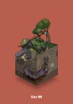  absurdres boned_meat campfire climbing commentary_request diorama food gozz highres isometric meat monster oil olmec_head original red_background rope torch tree violet_eyes 