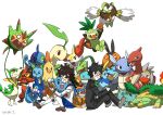  1boy 1girl :d bayleef bird braixen brionne charmeleon closed_eyes combusken commentary_request creature croconaw dartrix dewott drizzile enishi_(menkura-rin10) facing_viewer fangs flying frogadier gen_1_pokemon gen_2_pokemon gen_3_pokemon gen_4_pokemon gen_5_pokemon gen_6_pokemon gen_7_pokemon gen_8_pokemon gotcha! gotcha!_boy_(pokemon) gotcha!_girl_(pokemon) grin grotle grovyle handheld_game_console highres holding holding_handheld_game_console horns ivysaur looking_at_viewer marshtomp monferno open_mouth pignite playing_games pokemon pokemon_(creature) prinplup quilava quilladin raboot servine sharp_teeth signature simple_background single_horn smile teeth thwackey torracat wartortle white_background 
