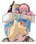  1boy 1girl :t arm_warmers blonde_hair blue_eyes bottle box closed_eyes commentary crushing food ice_cream ice_cream_cup kagamine_len looking_at_another lying naoko_(naonocoto) octopus on_stomach orange_print outstretched_arms pink_hair shirt solid_circle_eyes spiky_hair sweat takoluka tentacle_hair translated treble_clef v-shaped_eyebrows vocaloid white_background white_shirt wine_bottle 
