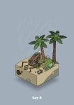  beach bird boat boulder commentary_request crab diorama food fruit gozz grey_background highres isometric lying on_side original palm_leaf palm_tree shelter shipwreck skull sleeping sos treasure_chest tree watercraft 