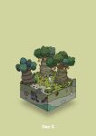  animal boulder commentary_request diorama food fruit gozz green_background highres holding holding_stick isometric lizard moss original plant poking stick tree 