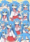  &gt;3&lt; &gt;o&lt; 1girl :3 :o =_= ahoge asameshi blue_hair blush chocolate_cornet collage commentary cowboy_shot eating eyebrows_visible_through_hair food green_eyes highres index_finger_raised izumi_konata long_hair lucky_star mole mole_under_eye neckerchief outline pink_neckwear red_sailor_collar red_skirt ryouou_school_uniform sailor_collar school_uniform serafuku shiny shiny_hair shirt simple_background skirt solo upper_body waving white_outline white_shirt yellow_background 