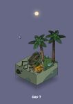  bird boulder campfire commentary_request diorama fire full_moon gozz highres isometric jumping leaf moon night original palm_leaf palm_tree purple_background shipwreck skull sos treasure_chest tree 