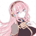  1girl armband black_shirt blue_eyes blue_nails commentary gold_trim hand_on_own_chest headphones kkr_rkgk long_hair megurine_luka nail_polish parted_lips pink_hair shirt short_sleeves sideways_glance sketch solo upper_body vocaloid white_background 
