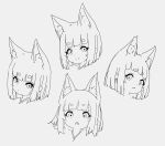  1girl animal_ear_fluff animal_ears bangs closed_mouth commentary_request eyebrows_visible_through_hair fox_ears grey_background greyscale highres kuro-chan_(kuro_kosyou) kuro_kosyou looking_at_viewer monochrome multiple_views original parted_lips short_eyebrows simple_background smile thick_eyebrows upper_teeth 