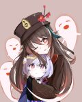  2girls ;d bead_necklace beads blush brown_hair dovah_kiin genshin_impact ghost hat highres hu_tao hug hug_from_behind jewelry jiangshi long_hair long_sleeves looking_at_viewer multiple_girls necklace one_eye_closed open_mouth purple_hair qiqi red_eyes smile symbol-shaped_pupils violet_eyes 